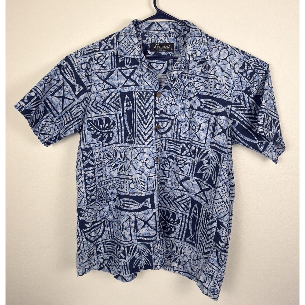Favant Hawaiian Shirt Mens XL Blue Tiki Tribal Aloha Camp 100% Cotton Button Up